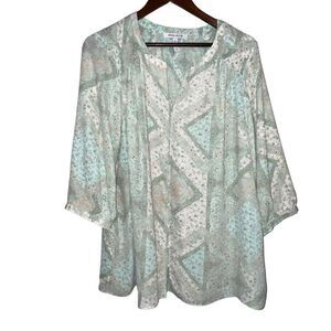 Rose + Olive Mint Floral Paisley Print Blouse
